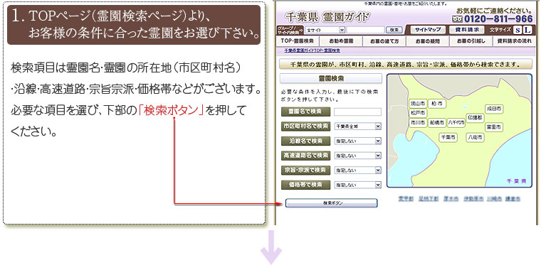 TOPページ（霊園検索ページ）より、条件に合った霊園をお選び下さい。
